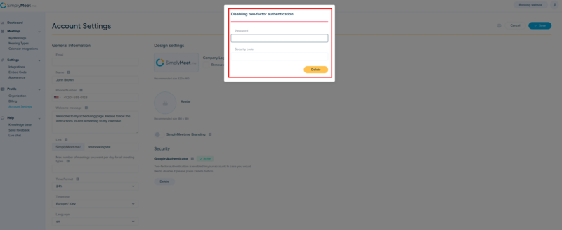 File:Simplymeet 2fa disabling confirmation in account settings.png